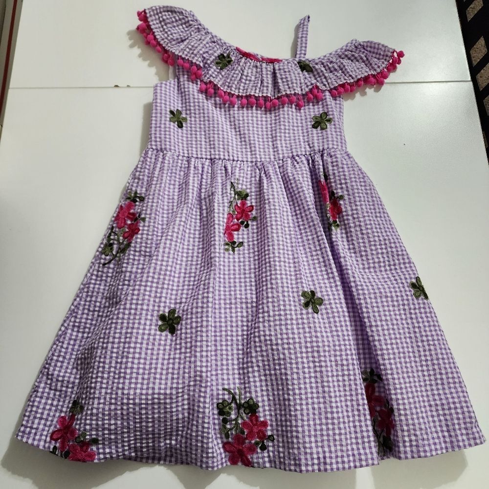 Girls Light Purple Cold Shouldered Gingham Textured Floral Embroidered Dress 6x